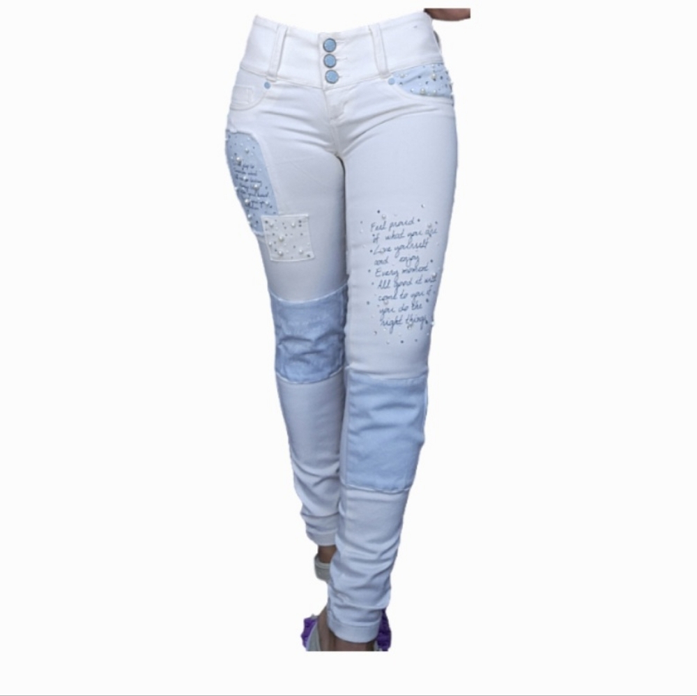 Skinny Beige Light and Light Blue Patchwork Jeans
